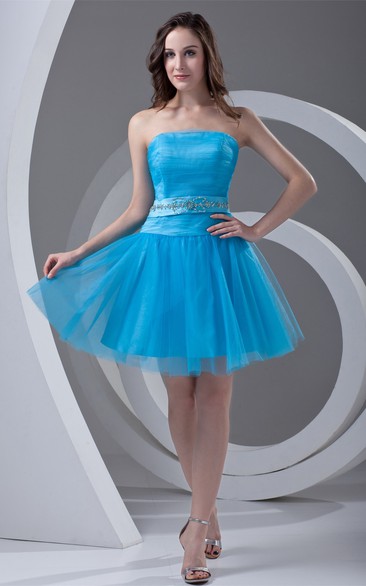 Strapless Mini Short Tulle Dress With Jeweled Waist