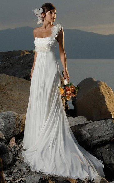 sheath One-shoulder Chiffon Sleeveless Sweep Train Wedding Dresses