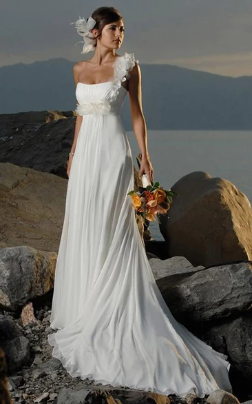 sheath One-shoulder Chiffon Sleeveless Sweep Train Wedding Dresses