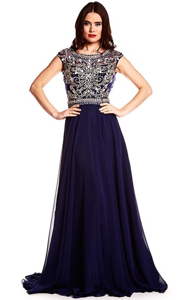 A-Line Cap-Sleeve Long Beaded Scoop-Neck Chiffon Prom Dress