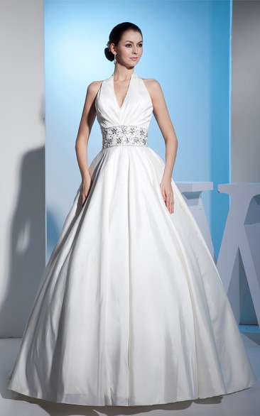Plunged Sleeveless Gemmed Waist and Ball-Gown With Central Ruching