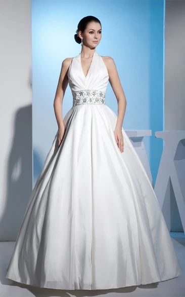 Plunged Sleeveless Gemmed Waist and Ball-Gown With Central Ruching