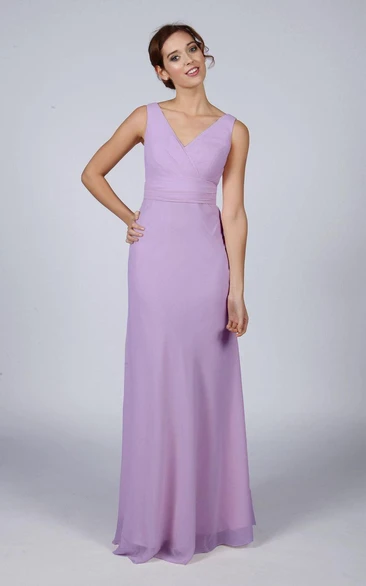 V Neck V Back A-line Chiffon Long Dress Lilac