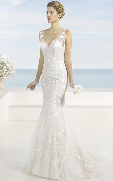 Sheath Sleeveless V-Neck Maxi Appliqued Lace Wedding Dress With Court Train And Illusion Back