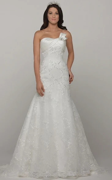 A-Line Strapless Beaded Lace Wedding Dress With Lace And Lace Up