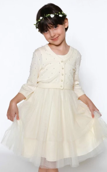 A-Line Scoop-Neck Jacket 3-4-Sleeve Long Tulle Flower Girl Dress With Pleats