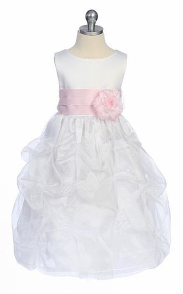 Tea-Length Ruched Organza&Satin Flower Girl Dress