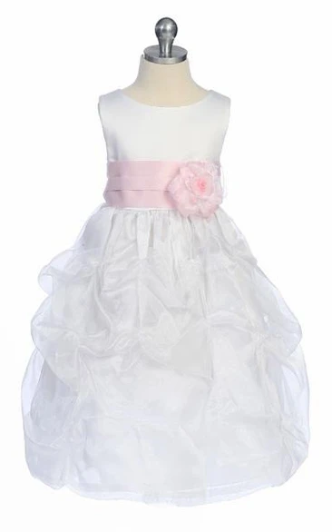 Tea-Length Ruched Organza&Satin Flower Girl Dress