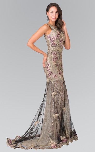 Sheath Long Scoop-Neck Sleeveless Lace Zipper Dress With Appliques