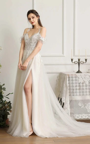 Front Split Sexy Wedding Dress With Straps And Off-the-shoulder sleeves With Boning And Lace Appliques