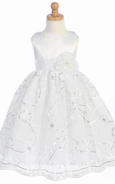 Tea-Length Sleeveless Bowed Tulle&Satin Flower Girl Dress