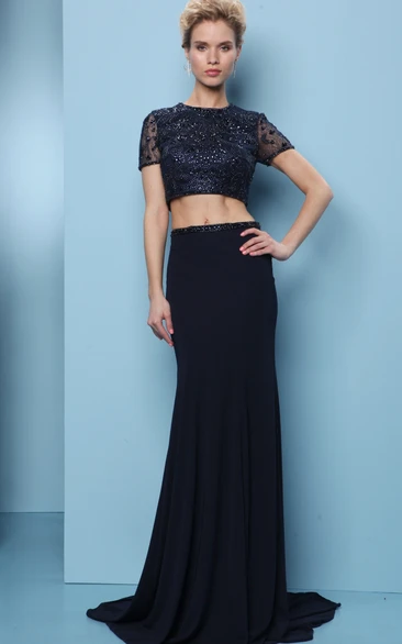 Sheath Short-Sleeve Jewel-Neck Floor-Length Crystal Jersey Prom Dress