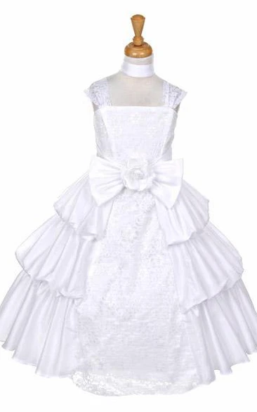Ankle-Length Floral Bowed Lace&Taffeta Flower Girl Dress With Sash
