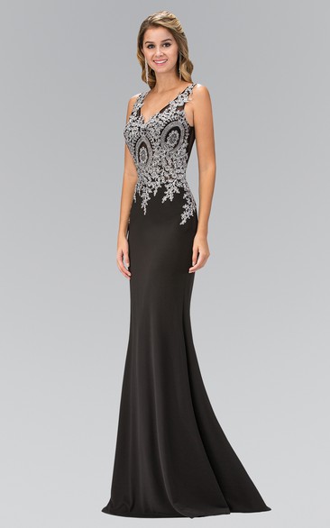 Sheath Long V-Neck Sleeveless Jersey Deep-V Back Dress With Appliques