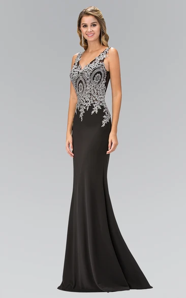 Sheath Long V-Neck Sleeveless Jersey Deep-V Back Dress With Appliques