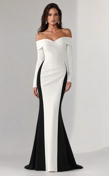 Mermaid Satin Evening Dress with Off-the-shoulder, Long Sleeve and Color Block, Floor Length