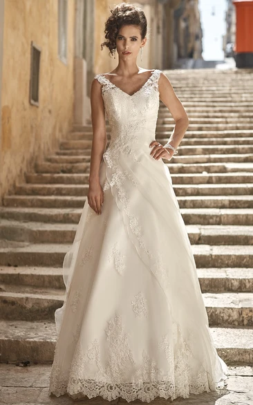 A-Line Appliqued V-Neck Long Sleeveless Satin & Lace Wedding Dress Styles With Side Draping