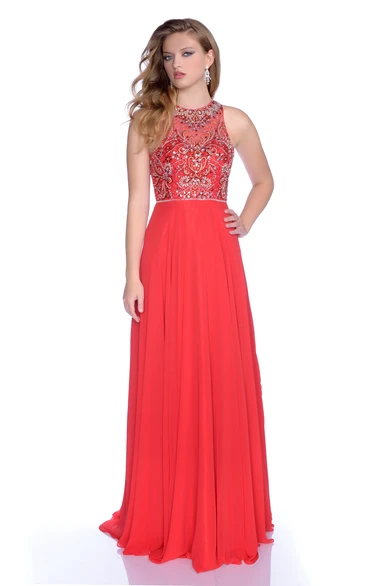 Sleeveless Jewel Neck A-Line Chiffon Prom Dress Featuring Rhinestone Bodice