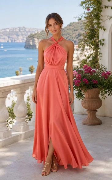 Coral Halter Chiffon High-Low Dress