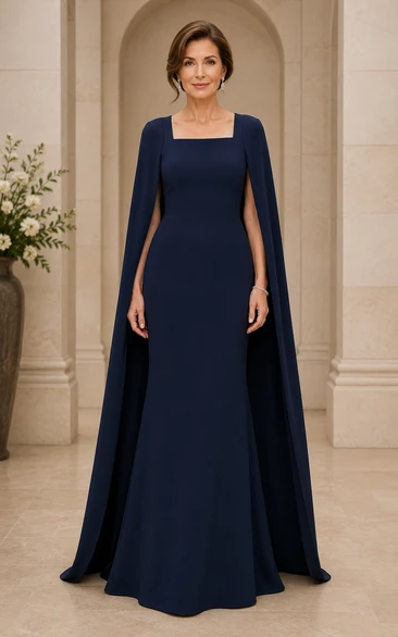 Dark Navy Square Neck Cape Sleeve Formal Dress
