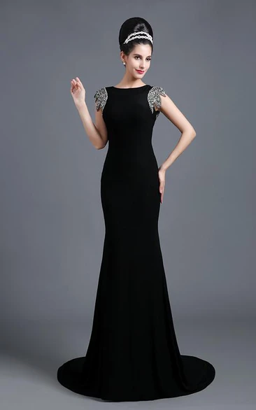 Elegant Jewel Cap Sleeve Black Prom Dress With Sequins Beadings