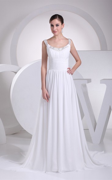 Strapped Pleated Chiffon Ruched Waist and Dress With Beading
