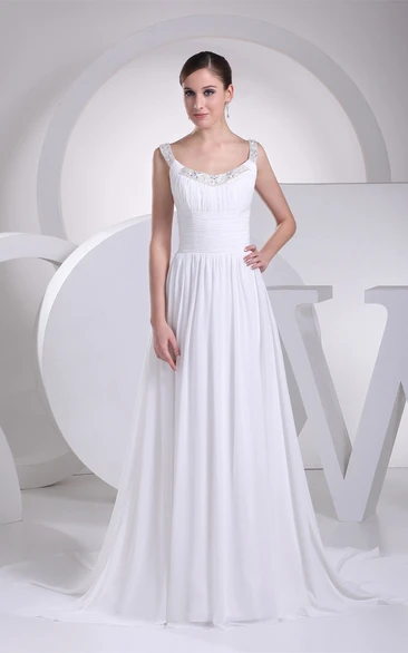 Strapped Pleated Chiffon Ruched Waist and Dress With Beading