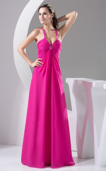 Plunged Chiffon Floor-Length Criss-Cross Broach and Dress With Beading