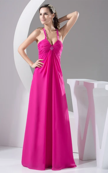 Plunged Chiffon Floor-Length Criss-Cross Broach and Dress With Beading