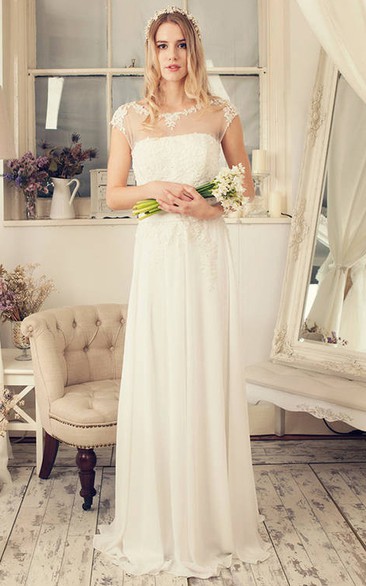 Sheath Scoop-Neck Cap-Sleeve Chiffon Wedding Dress With Illusion
