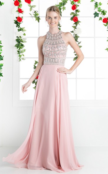 A-Line High Neck Sleeveless Chiffon Keyhole Dress With Beading And Pleats