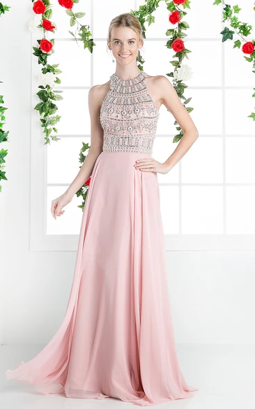 A-Line High Neck Sleeveless Chiffon Keyhole Dress With Beading And Pleats