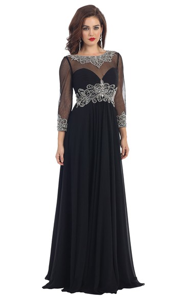 A-Line Scoop-Neck Long Sleeve Chiffon Illusion Dress With Criss Cross And Beading