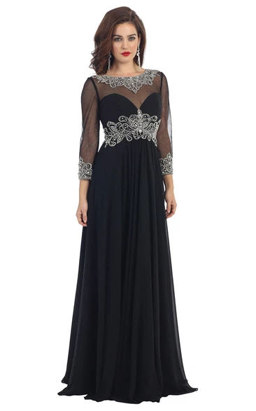 A-Line Scoop-Neck Long Sleeve Chiffon Illusion Dress With Criss Cross And Beading
