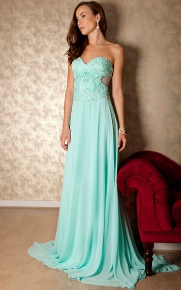 Maxi Sweetheart Appliqued Sleeveless Chiffon Prom Dress With Brush Train