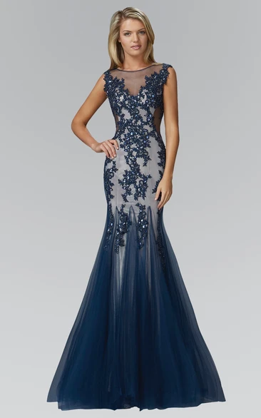 Mermaid Long Scoop-Neck Sleeveless Tulle Keyhole Dress With Appliques And Pleats