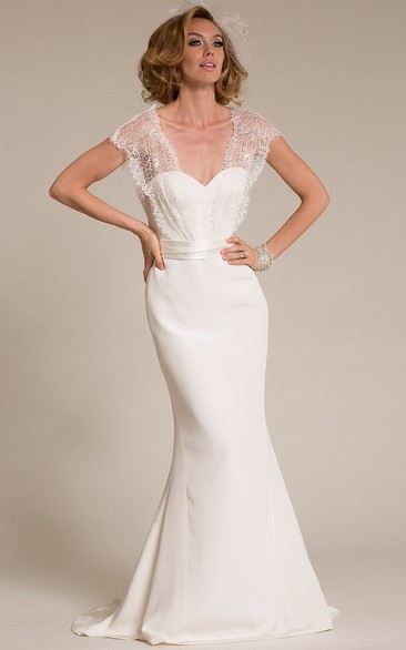 Maxi V-Neck Cap-Sleeve Lace Chiffon Wedding Dress With Sweep Train And V Back