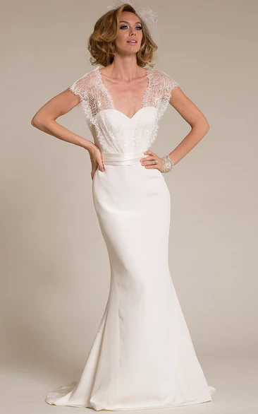 Maxi V-Neck Cap-Sleeve Lace Chiffon Wedding Dress With Sweep Train And V Back