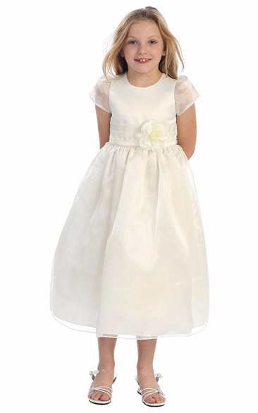Ankle-Length Cap-Sleeve Tiered Organza&Satin Flower Girl Dress