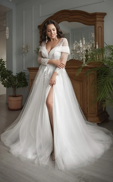 Sexy Curvy Plus Size Tulle Slit Front A-line Illussion Lace Long Sleeve Wedding Dress