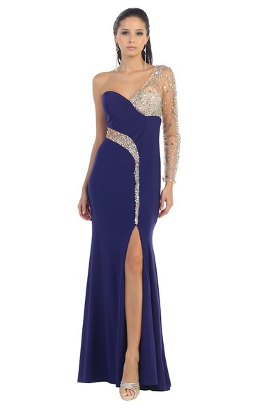 Sheath One-Shoulder Illusion Long Sleeve Jersey Dress With Split Front And Beading