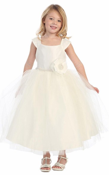 Tea-Length Cap-Sleeve Tiered Flower Girl Dress