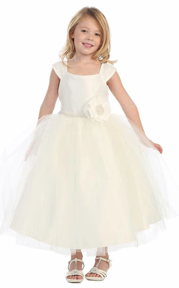 Tea-Length Cap-Sleeve Tiered Flower Girl Dress