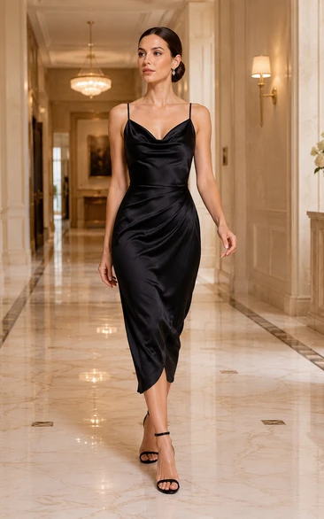 Robe de cocktail midi portefeuille en satin noir à fines bretelles, idéale pour les bals de fin d'année, les cocktails et les mariages.
