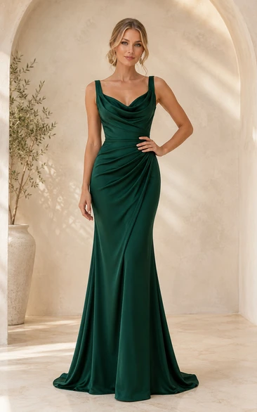 Vestido de dama de honor de talla grande, color verde oscuro, satén, cuello drapeado, estilo sirena, con corpiño drapeado.
