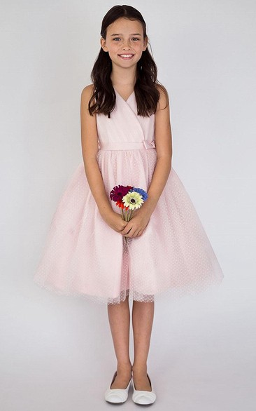 Tea-Length V-Neck Pleated Tiered Tulle&Satin Flower Girl Dress