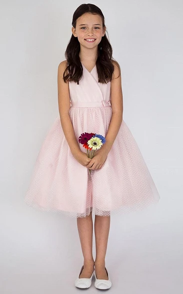 Tea-Length V-Neck Pleated Tiered Tulle&Satin Flower Girl Dress