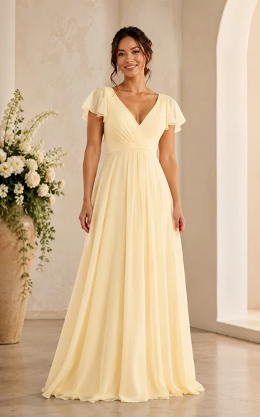 Daffodil V-neck Short Sleeve A-Line Chiffon Bridesmaid Dress
