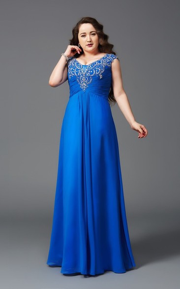 A-line Floor-length V-neck Cap Jersey Ruching Beading Low-V Back Dress