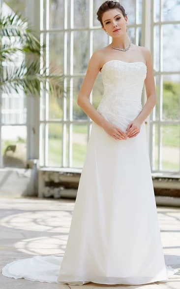 A-Line Strapless Beaded Sleeveless Floor-Length Satin Wedding Dress With Corset Back And Side Draping